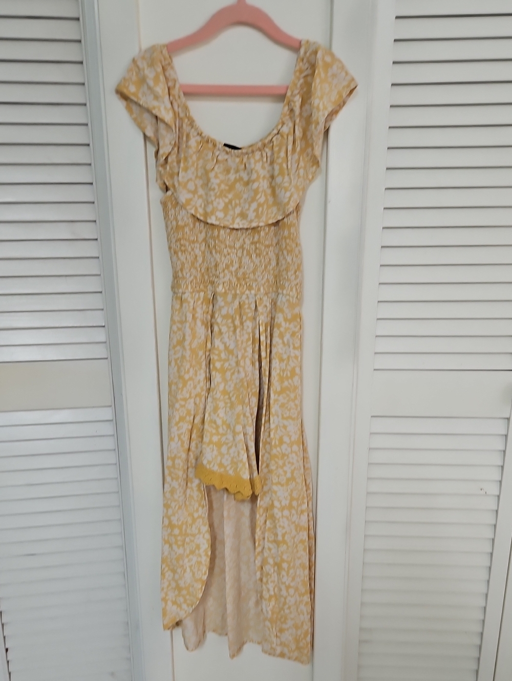 Yellow Floral Ruffle High-Low Kids Romper With Half Skirt